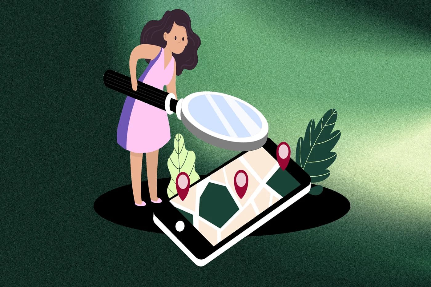 Ilustracja: osoba z lupą ogląda mapę działek w telefonie