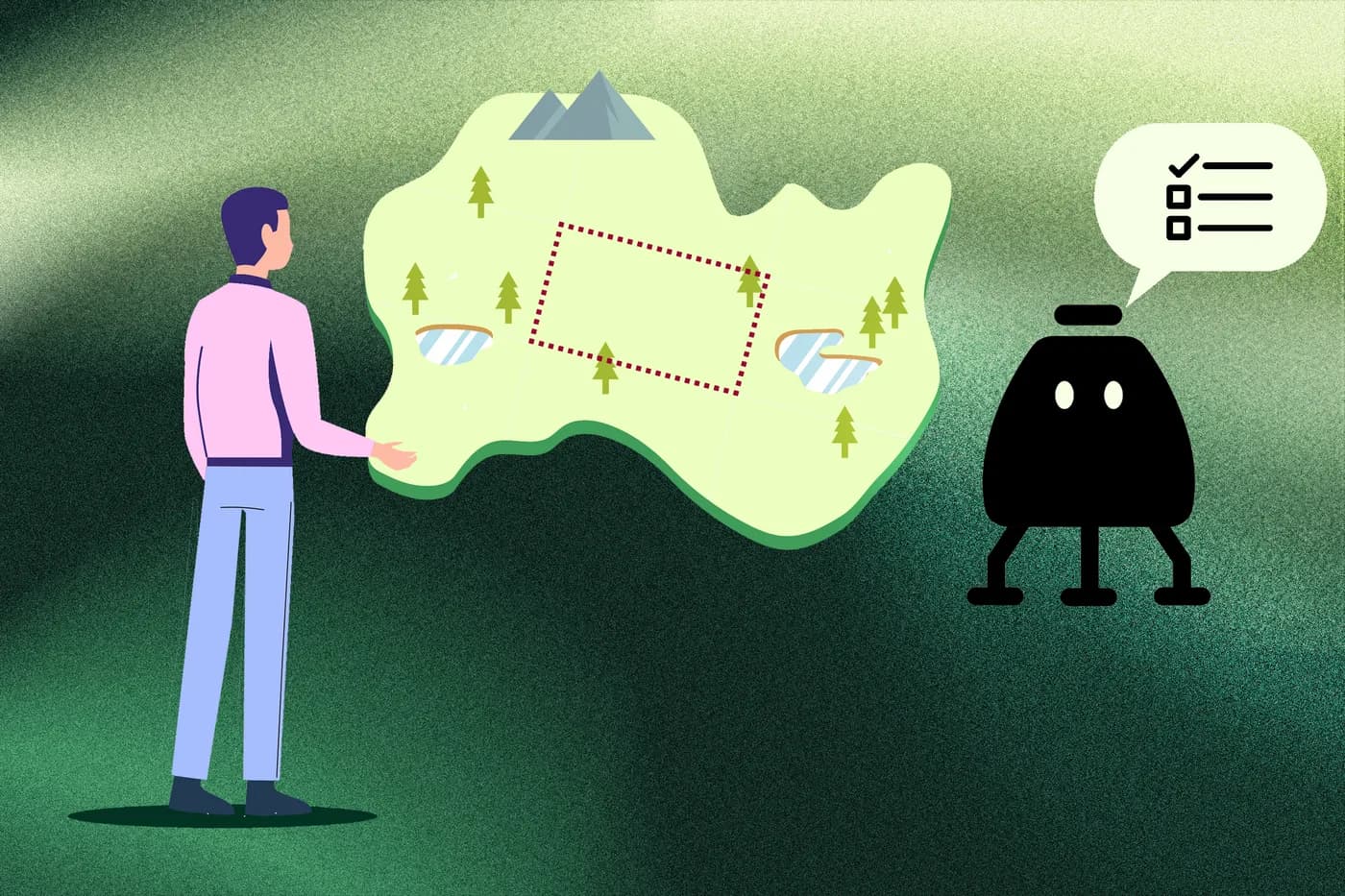 Ilustracja: robocik pokazuje checklistę nad mapą działki