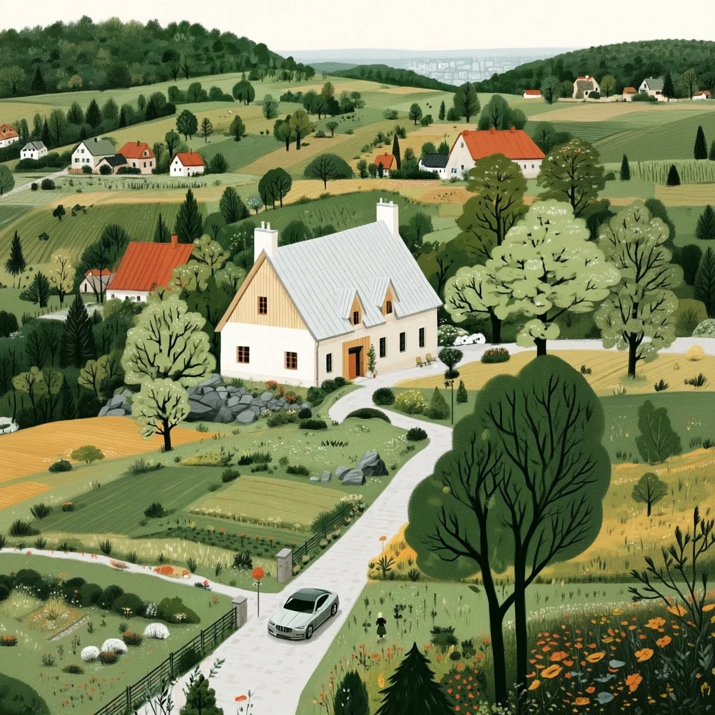 Ilustracja: duży dom jednorodzinny na wiejskiej działce wśród pól i sąsiednich zabudowań